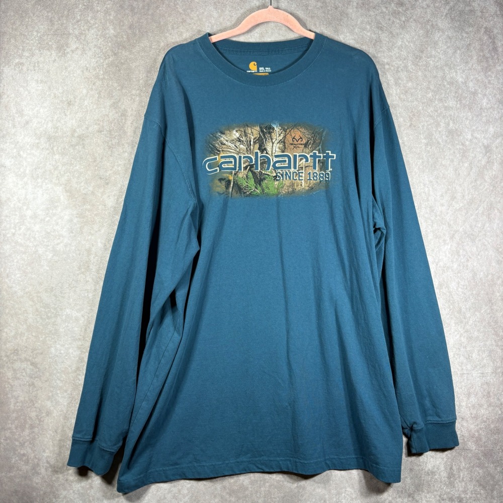 Carhartt Shirt Mens 2XL Tall Blue Realtree Camo Logo Graphic Long Sleeve Cotton